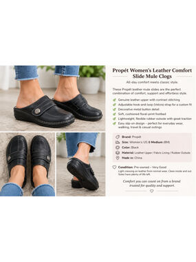 Propét Women's Leather Comfort Clogs Black Size 8